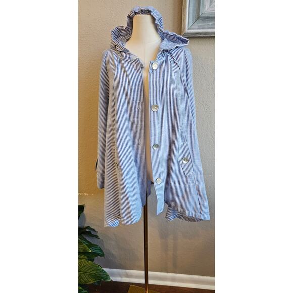 Jones New York Linen Stripe Beach Pearl Button Hooded Jacket Women Size XL Multi - Picture 5 of 7
